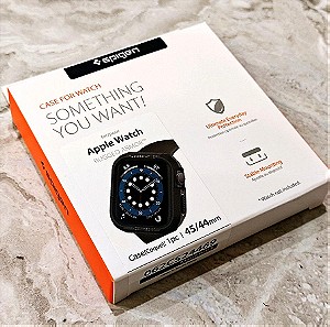 Apple Watch 44mm | Μαύρη Θήκη Σιλικόνης | Spigen Rugged Armor | Black Matte