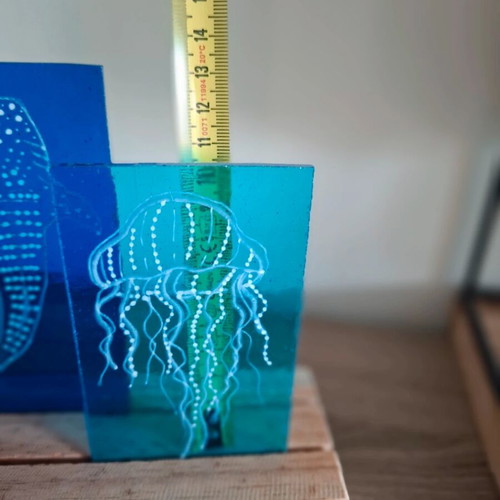 Whale Shark and Jellyfish Glass Suncatcher with Wooden Holder