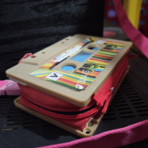 Handmade cassette wallet with fuchsia strap