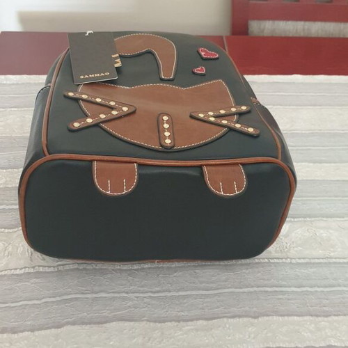 Sammao leather backpack with cat design, brown and black
