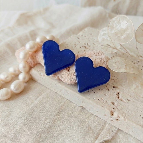 Polymer clay and resin heart earrings, blue, stainless steel posts