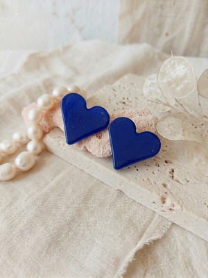 Polymer clay and resin heart earrings, blue, stainless steel posts