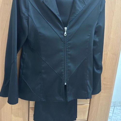 Satin suit like new, jacket with zipper and slim pants