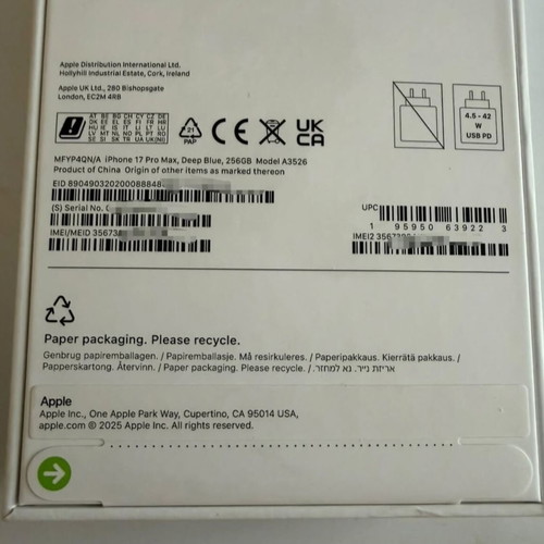 Apple iPhone 17 Pro Max 256GB Deep Blue sealed corporate device