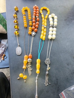 Ασημένια κομπολόγια σαν καινούργια, σετ 5 με κεχριμπάρι και σεντέφι