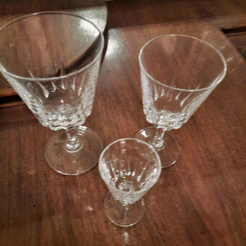 Crystal glassware set used with 11 water glasses, 12 wine glasses, 12 liqueur glasses