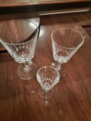 Crystal glassware set used with 11 water glasses, 12 wine glasses, 12 liqueur glasses