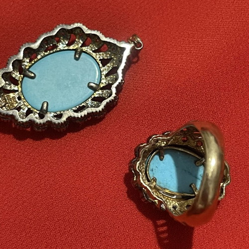 9k gold and 925 silver ring and pendant with diamonds and turquoise, vintage