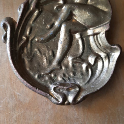 Art Nouveau metal ashtray used, vintage decorative plate