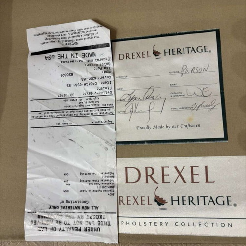 Drexel Heritage classic armchair, beige and gold fabric