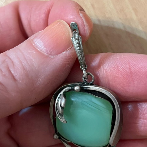 Silver ring and earrings set with green chalcedony like new