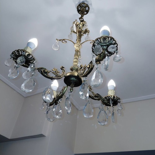Chandelier with brass body and crystals from 1970s like new