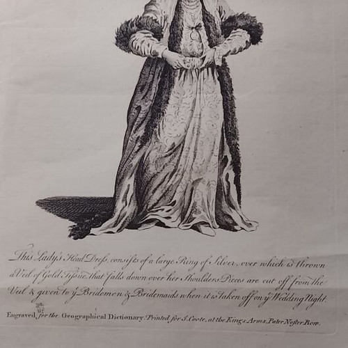 Copper engraving used, bridal dress of Greek lady with wedding customs description