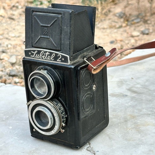 Lubitel 2 camera used with original leather case