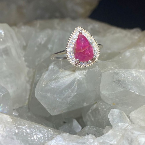 Silver ring with natural ruby and moissanites, new