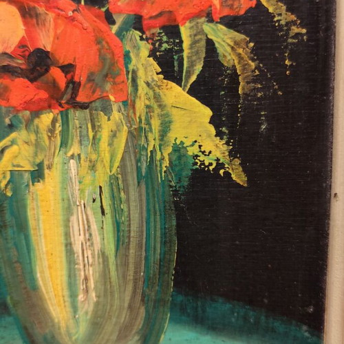 Manos Zacharakis oil painting used, Red Flowers in Green Vase