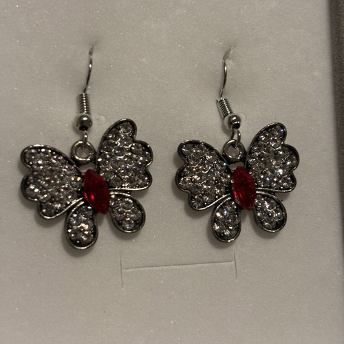 Butterfly Earrings like new with rhinestones and red stone