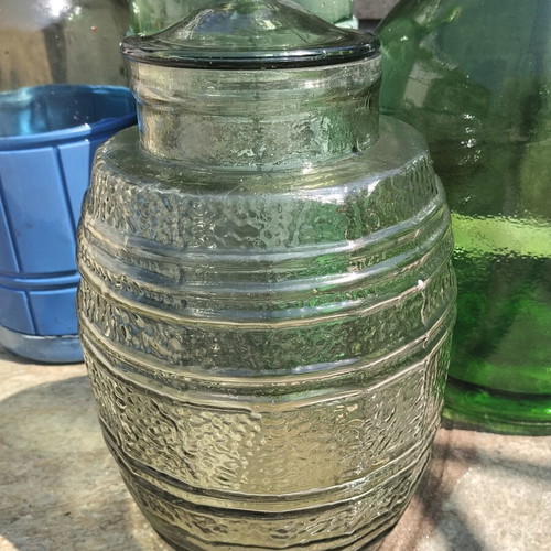 Vintage glass demijohns and storage jar set used, 4 pieces