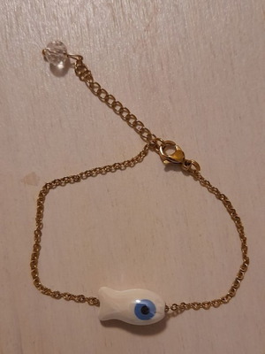 Bracelet with ceramic enameled fish on gold stainless steel chain new