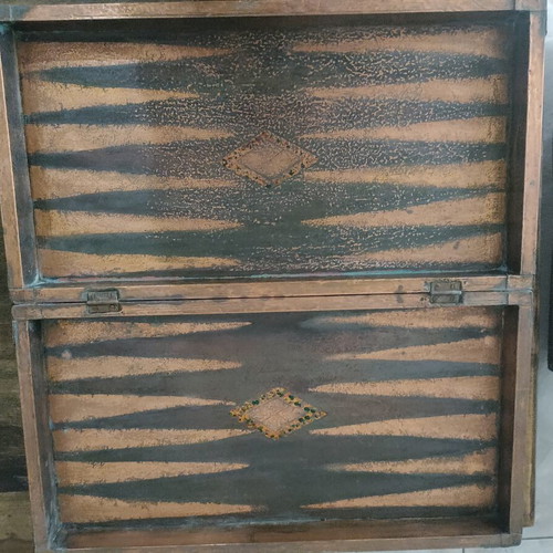 Handmade wooden backgammon and chess set used with copper inlay vintage