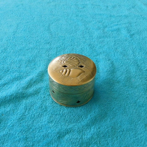 Bronze perforated box with embossed floral designs, vintage, used