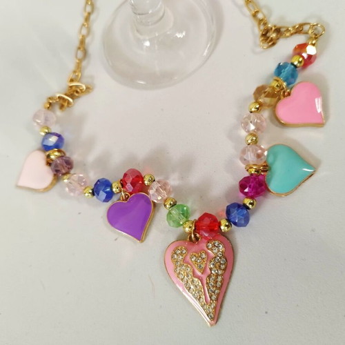 Girly cute necklace with pink enamel hearts and crystals new