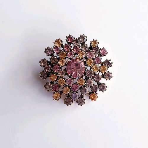 Vintage 60ies flower brooch in gold antique color like new with colorful rhinestones