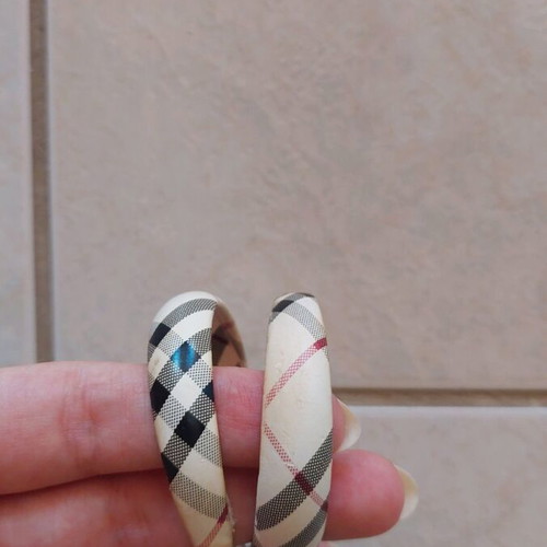 Plaid hoop earrings like new, black and beige leather-like