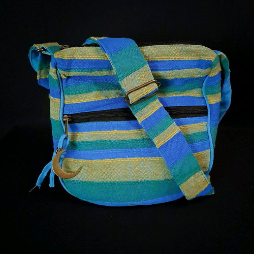 Cotton sling bag turquoise blue with copper moon charm new