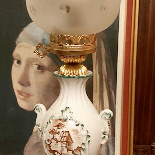 Old French antique lamp made of white porcelain with handmade painting like new