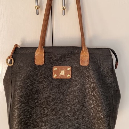 KEM women's shoulder bag used, black pebbled leather with brown handles