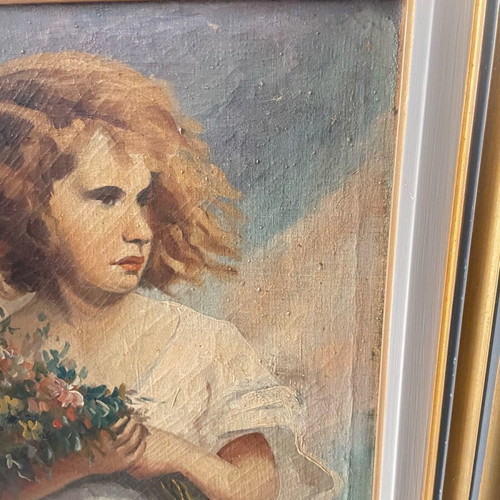Canvas painting girl with flowers used, very old