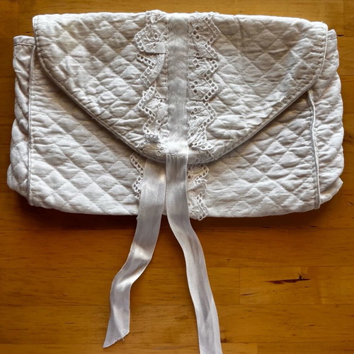 Cotton fabric toiletry bag with acrylic interior used
