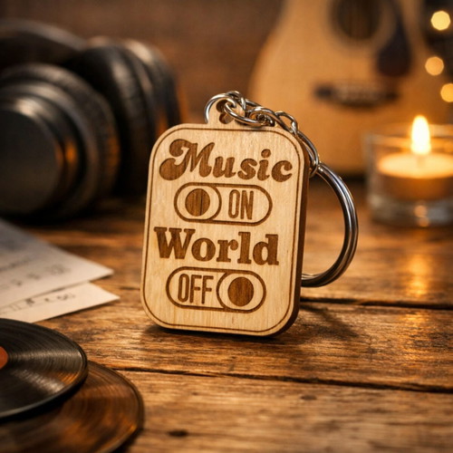 Wooden keychain Music ON / World OFF with personalized engraving