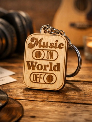 Ξύλινο μπρελόκ Music ON / World OFF με προσωποποιημένη χάραξη