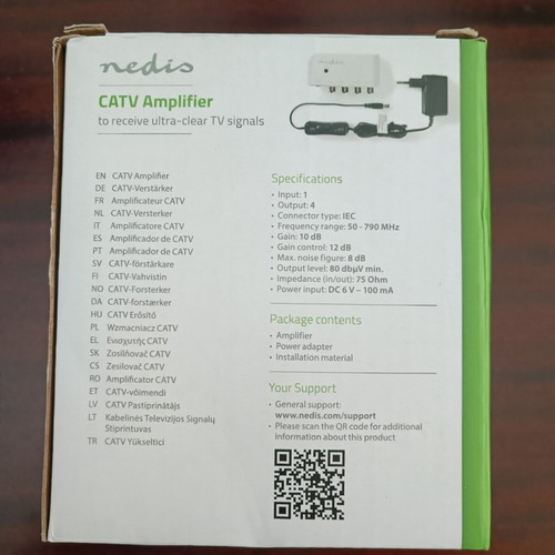 Nedis CATV Amplifier 1to4 Signal Splitter 10db Gain with Power Cable New