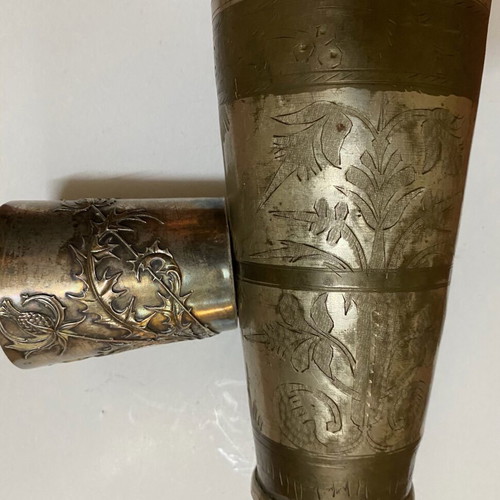 Set of 3 vintage glasses with metal engravings and glass with clover