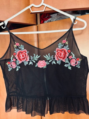 Women's top blouse with transparency and flowers, size L, black