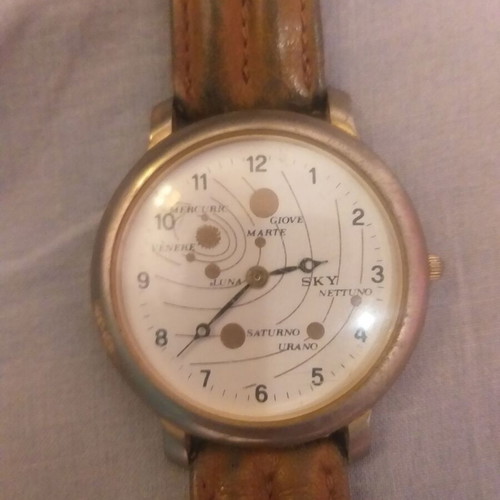 Wristwatch with planet design used, brown leather strap