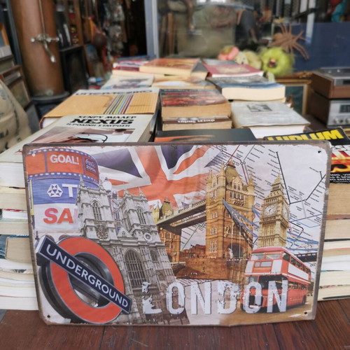 Vintage metal sign London with Big Ben, Tower Bridge & Underground used
