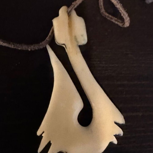 Maori Fish Hook Hei Matau handmade pendant with natural bone and leather cord like new