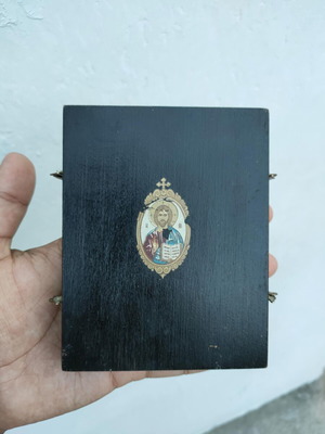 Orthodox Russian icon triptych used, old folding travelling