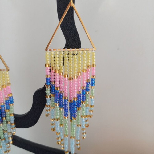Handmade earrings with pastel tassels, gold triangle and steel hook