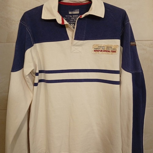 Napapijri long sleeve shirt with collar used, size L, white and blue