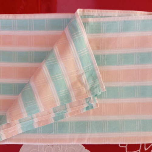 Handmade striped tablecloth used, pastel pink and green, 168x121 cm