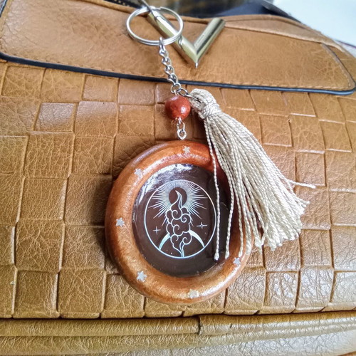 Handmade brown keychain bag pendant made of wood and resin new