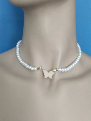 Choker necklace with white glass pearl, Baby Butterfly and adjustable chain