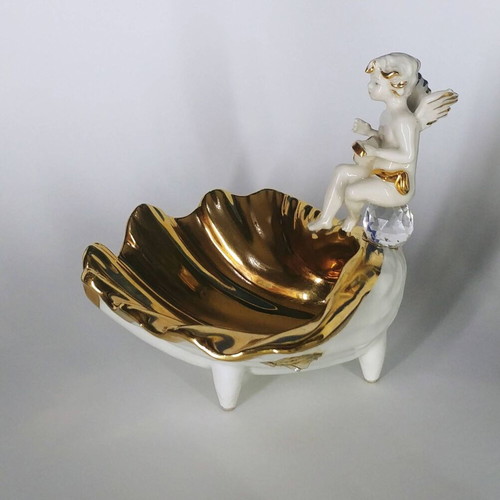 Decorative bowl fontaniera Angel on Pearl used, porcelain with Swarovski
