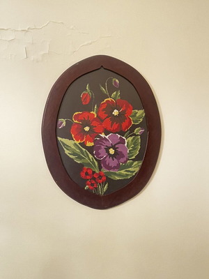 Handmade embroidered frame with floral design in oval frame