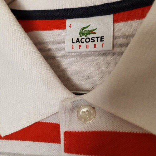 Lacoste polo used, size L, striped white and orange